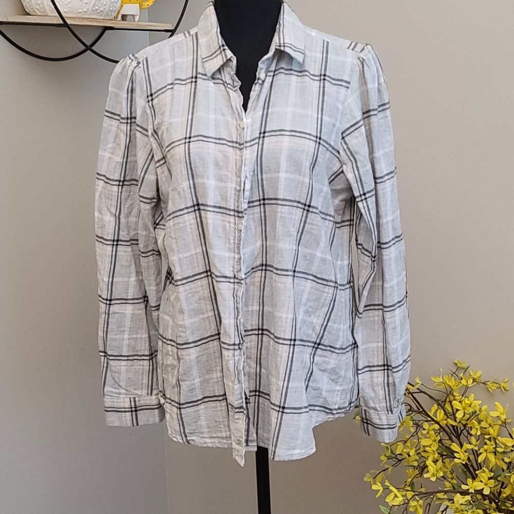 Loft large Plaid grey button down shirt